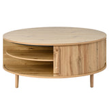 Round Lift-Top Coffee Table with Hidden Storage, Center Table with Sliding Door & Pine Legs for Living Room, Apartment, Bedroom