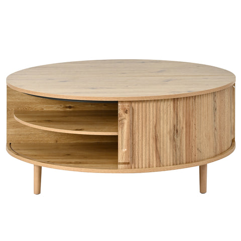 Round Lift-Top Coffee Table with Hidden Storage, Center Table with Sliding Door & Pine Legs for Living Room, Apartment, Bedroom