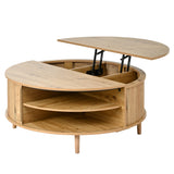 Round Lift-Top Coffee Table with Hidden Storage, Center Table with Sliding Door & Pine Legs for Living Room, Apartment, Bedroom