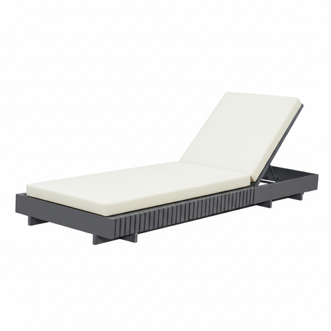 Acacia Wood Outdoor Chaise Lounge with 6-Position Adjustable, Cream 2-Fold Waterproof Cushion & Gray Frame for Patio, Poolside, Garden