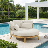 Outdoor Round Daybed with Beige Cushions, Acacia Wood Sofa, Weather-Resistant Patio Lounger for Poolside, Garden & Villa Courtyards