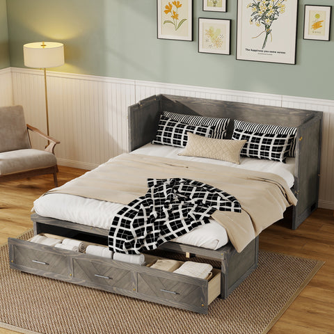 Queen Size Murphy Bed, Pine Wood Cabinet Bed with Built-in Charging Station & 3 Drawers for Bedroom, Living Room, Apartment