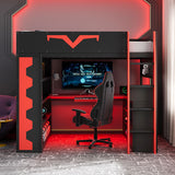 Full Size Gaming Loft Bed with Desk & App-Controlled RGB Lights, Pro-Gamer Bed Frame with Power Outlet, Shelves & Pegboard