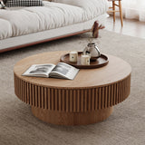 31.5" Round Coffee Table with Hidden Storage, Minimalist Fluted Accent Table Center Table, Natural