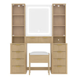 Fluted Makeup Vanity Desk Modern Vanity Table Dressing Table Set with Stool, 3-Color LED Mirror & Charging Station