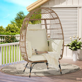 Wicker Egg Chair Oversized Patio Club Chair Lounger with Cushion, Pillow & Weather-Resistant Frame, Indoor/Outdoor Accent Chair, Beige