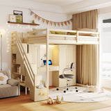 Full Size Loft Bed Frame with Reversible Storage Staircase, Dressing Table, Wardrobe, USB Charging & LED Lights