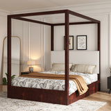 Queen Size Canopy Bed 4-poster Platform Bed Frame with Upholstered Headboard, Espresso