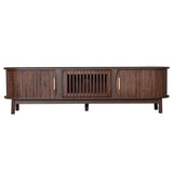 Modern Farmhouse TV Stand for 75" TVs, Entertainment Center with Sliding Doors, Cabinet & Solid Wood Legs, Dark Brown Textured Woodgrain