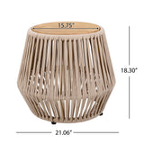 Round Outdoor Side Table, Acacia Wood Top with Handwoven Rope Base, Weather-Resistant Patio Accent Table