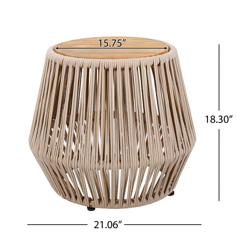 Round Outdoor Side Table, Acacia Wood Top with Handwoven Rope Base, Weather-Resistant Patio Accent Table