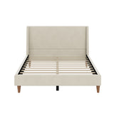 Queen Size Modern Cream Velvet Upholstered Platform Bed with Wingback Headboard and Walnut Wooden Legs, No Box Spring Needed