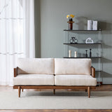 3-Seater Sofa, 72"W Boucle Sofa Couch with Square Arm, Wooden Frame and Cane Rattan Decor, Walnut+Beige