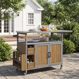 Rolling Patio BBQ Serving Cart Farmhouse Outdoor Kitchen Cart with Stainless Steel Top, Spice Rack, Towel Rack, Lockable Wheels,Gray&Brown