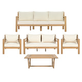 5-Piece Acacia Wood Outdoor Patio Sofa Set with Coffee Table, Patio Conversation Set with Beige Cushions, Light Teak Finish