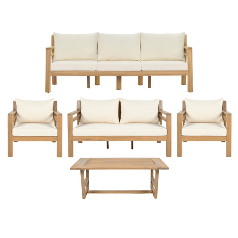 5-Piece Acacia Wood Outdoor Patio Sofa Set with Coffee Table, Patio Conversation Set with Beige Cushions, Light Teak Finish