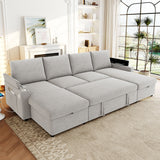 109.5"W U-Shaped Convertible Sofa Bed, Upholstered Sectional Sofa with Storage Chaises, Cup Holders & USB Ports, Gray