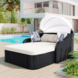 Outdoor Sunbed, Patio PE Rattan Daybed, Upholstered Chaise Lounger with Adjustable Canopy, Beige