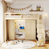 Full Size Loft Bed Frame with Reversible Storage Staircase, Dressing Table, Wardrobe, USB Charging & LED Lights