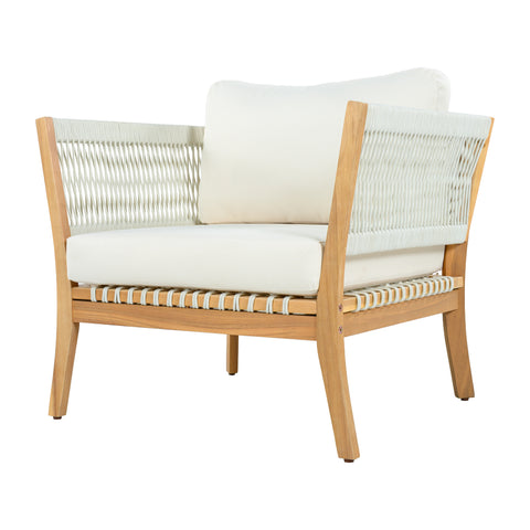 Patio Accent Chair Dining Chair Rope Outdoor Single Lounge Chair Ergonomic Armchair with Soft Cushion&Weather-Resistant Frame,Natural+Beige