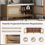 Boho Rattan Entryway Storage Bench, Cushioned Shoe Bench Wooden Shoe Organizer for Hallway/Living Room, Brown