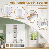 4-in-1 Hall Tree Entryway Bench Storage Bench Mudroom Coat Rack with Hooks, Storage Cabinet & Shelves, White