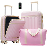 3-Piece Hardside Luggage Set, Front-Opening Carry-on Suitcase with USB Port, Expandable Luggage with Handle Bag & TSA Lock, Pink