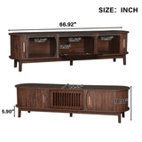 Modern Farmhouse TV Stand for 75" TVs, Entertainment Center with Sliding Doors, Cabinet & Solid Wood Legs, Dark Brown Textured Woodgrain