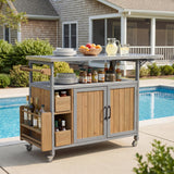 Rolling Patio BBQ Serving Cart Farmhouse Outdoor Kitchen Cart with Stainless Steel Top, Spice Rack, Towel Rack, Lockable Wheels,Gray&Brown