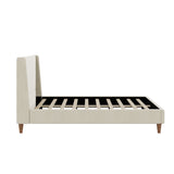 Queen Size Modern Cream Velvet Upholstered Platform Bed with Wingback Headboard and Walnut Wooden Legs, No Box Spring Needed