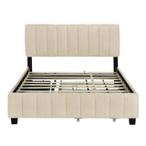 Queen Size Platform Bed, Velvet Upholstered Bed Frame with 2 Drawers and Twin XL Trundle Bed, Beige
