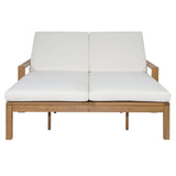 Outdoor Double Chaise Lounge Patio Daybed Recliner Lawn Sunbathing Bed with Adjustable Back & Cushion, Light Teak