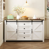 55.1"W Farmhouse Sideboard with Sliding Barn Doors, 4 Drawers & Built-In Power Outlet, Wood Buffet Storage Cabinet, White