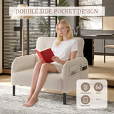 Corduroy Accent Chair, Wide Seat Single Armchair with Side Pockets, Comfortable Reading Chair for Living Room & Bedroom, Beige