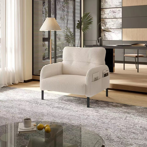 Corduroy Accent Chair, Wide Seat Single Armchair with Side Pockets, Comfortable Reading Chair for Living Room & Bedroom, Beige