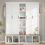 4-in-1 Hall Tree Entryway Bench Storage Bench Mudroom Coat Rack with Hooks, Storage Cabinet & Shelves, White