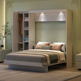 Full Size Murphy Bed Space-saving Wall Bed Foldable Bed with Shelves, Wardrobe & LED Light