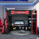 Full Size Wood Loft Bed with Desk, Multi-Storage Shelves, and RGB Light, Perfect Esports Gaming & Work Loft Bed