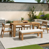 6pcs Outdoor Dining Set for 6, Patio Furniture Set Dining Table Set with Chairs, Bench & Waterproof Cushions, Beige+Light Teak