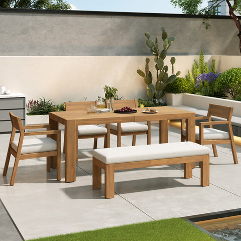6pcs Outdoor Dining Set for 6, Patio Furniture Set Dining Table Set with Chairs, Bench & Waterproof Cushions, Beige+Light Teak