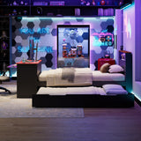 Twin Size Daybed with Trundle & Gaming Desk, Wood Bed Frame with RGB LED light, USB Ports & Keyboard Tray