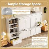Queen Size Murphy Bed with Height Adjustable Storage Compartments and Shelf, Wall Bed Frame With 1 Drawer, Foldable Platform Bed, White