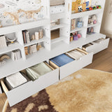 Twin XL Low Loft Bed with 3 Storage Drawers & Integrated Bookshelves, Kids Bed with Play Curtain & Chalkboard