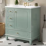 30" Freestanding Bathroom Vanity with Ceramic Sink, Solid Rubber Wood Frame, 3 Drawers, Soft-Close Door, Storage Shelves