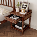Retro Style Nightstand with Drawer and Open Shelf for Bedroom, Bedside Table with Turned Legs and Metal Handle,Walnut