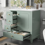 30" Freestanding Bathroom Vanity with Ceramic Sink, Solid Rubber Wood Frame, 3 Drawers, Soft-Close Door, Storage Shelves