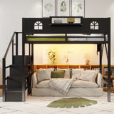 Full Loft Bed with Stairs & Built-in Wardrobe, Metal Bed Frame with LED Lights, USB Charging Station & Storage Shelves