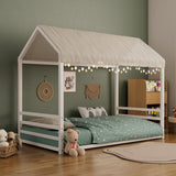 Twin Size Montessori Style Metal Floor Bed Frame, House Shaped Bed with Guardrails for Kids and Toddlers, Easy Assemble, No Slats, White