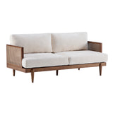 3-Seater Sofa, 72"W Boucle Sofa Couch with Square Arm, Wooden Frame and Cane Rattan Decor, Walnut+Beige