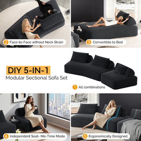 139" Modern Oversized Modular Sectional Sofa Set, DIY Upholstered Fluffy Chenille Sofa with Soft Pillows, Deep Seat Couch & Sofa Bed, Dark Gray
